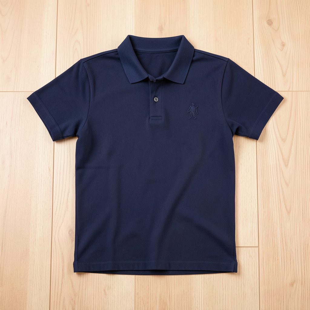 Navy blue polo shirt with subtle embroidered emblem, laid flat on a light wood surface